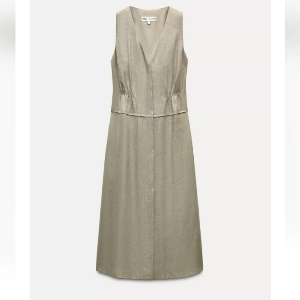 Zara ZW Collection Linen Sleeveless Elastic Waistline Midi Dress Sz-L